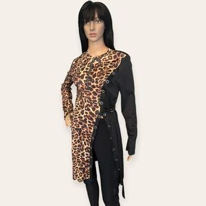 🖤🤎 Women Leopard Print Stitching Side Slit Zipper V-Neck Long Sleeve 🤎🖤